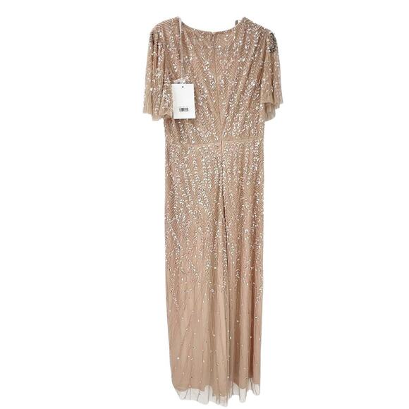 Mac Duggal Embellished Flutter Sleeve Wedding Guest Maxi Gown Nude Size 10 NWT - Picture 6 of 12